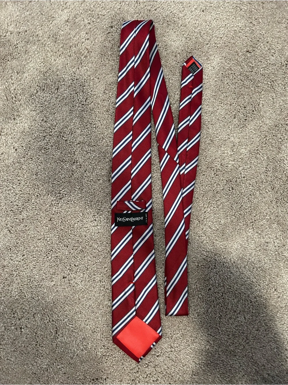 Yves Saint Laurent Red Stripe Silk Tie with Navy & White Accents